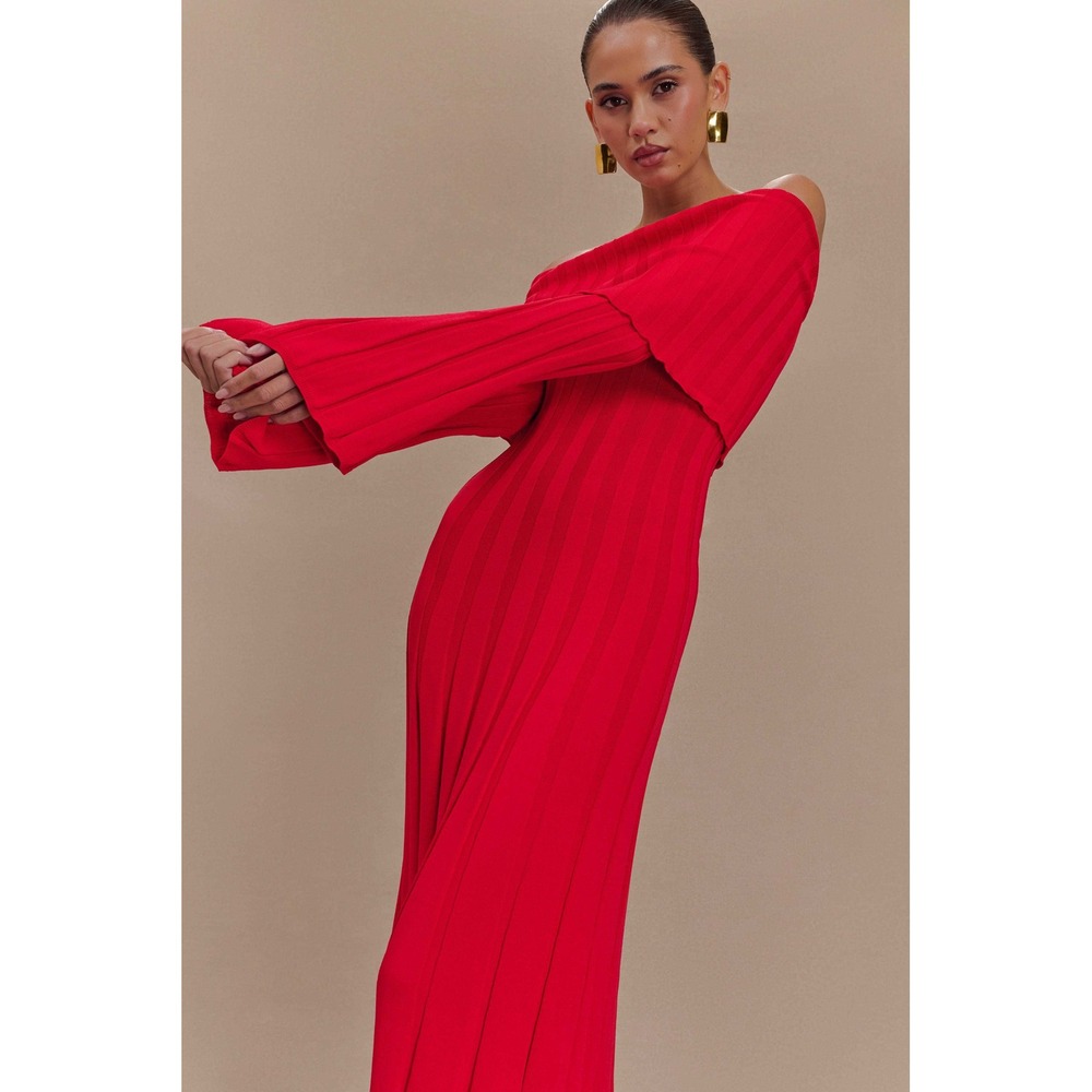 MESHKI Red Off Shoulder Ribbed Knit Long Sleeve Pleated Midi Dress Size S